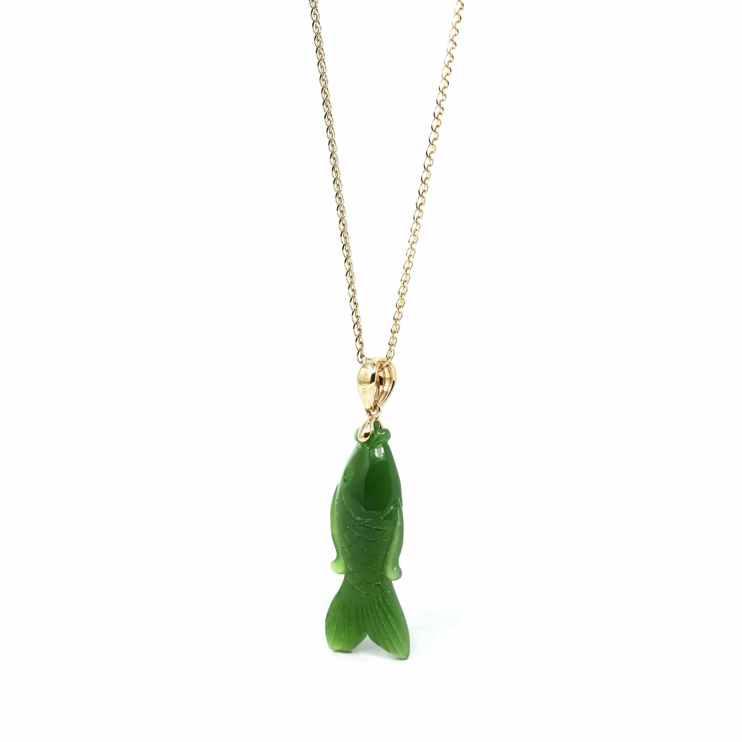 RealJade® Co. : " Gold Fish " 14k Yellow Gold Genuine Nephrite Green Jade Pendant Necklace