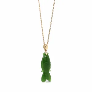 RealJade® Co. : " Gold Fish " 14k Yellow Gold Genuine Nephrite Green Jade Pendant Necklace