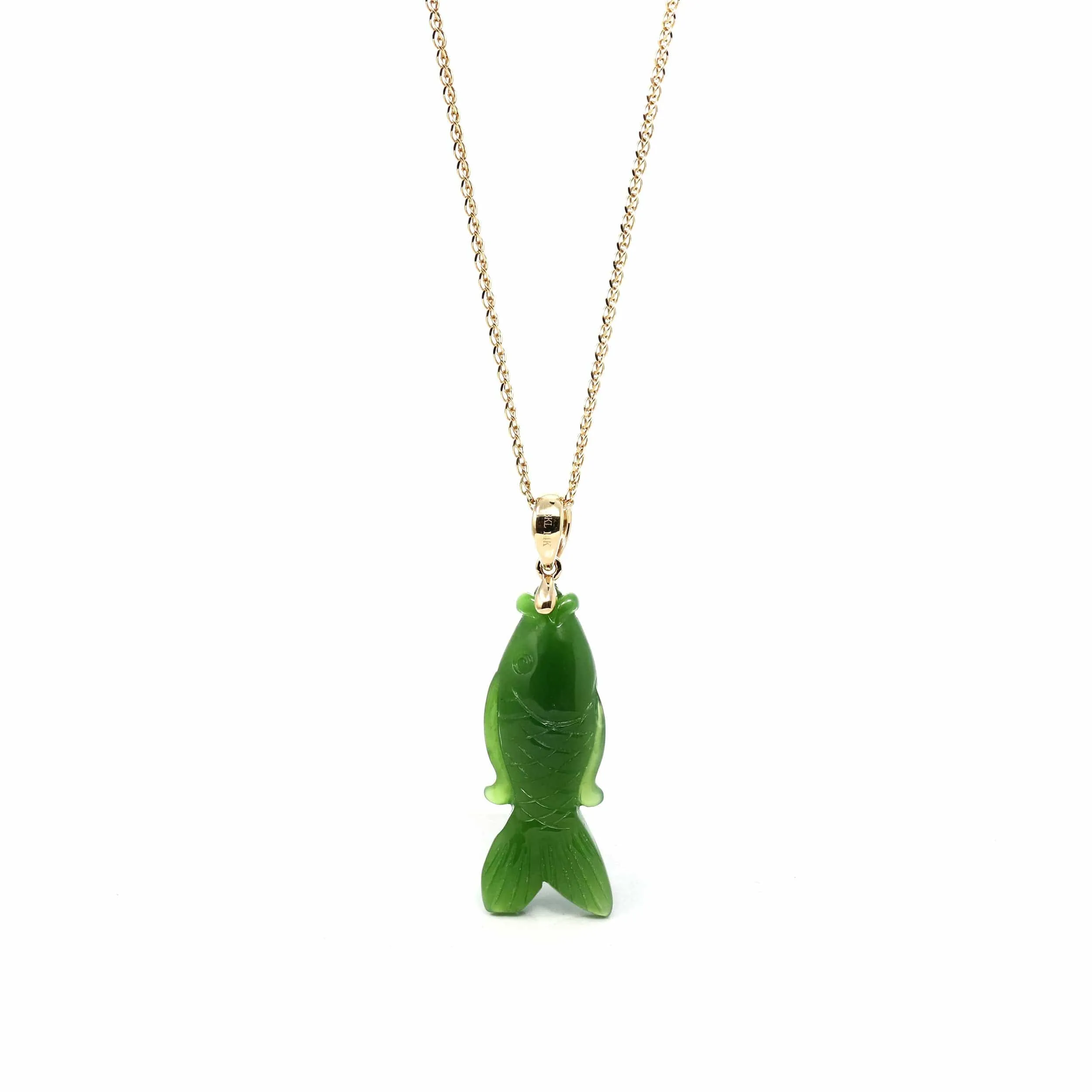 RealJade® Co. : " Gold Fish " 14k Yellow Gold Genuine Nephrite Green Jade Pendant Necklace