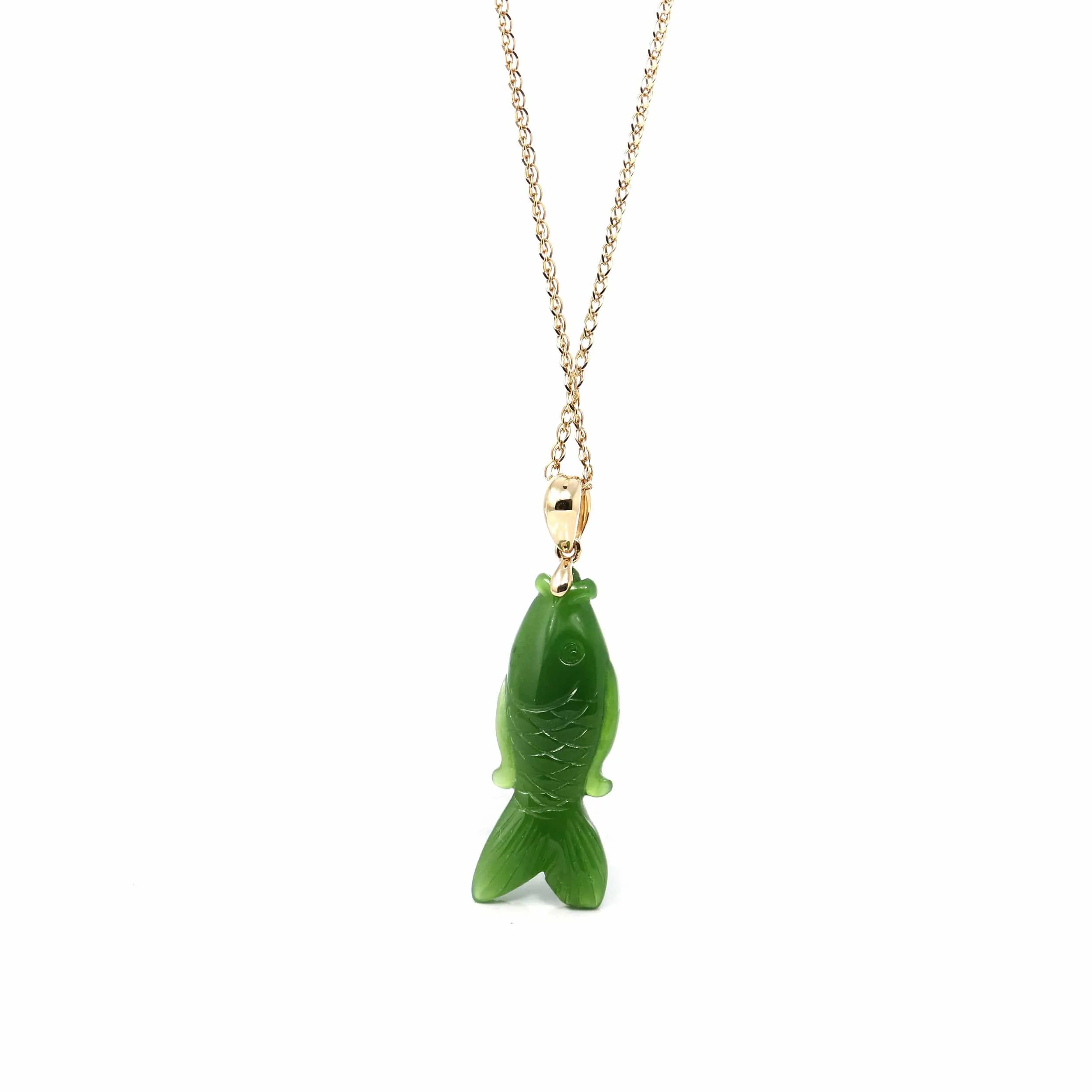 RealJade® Co. : " Gold Fish " 14k Yellow Gold Genuine Nephrite Green Jade Pendant Necklace