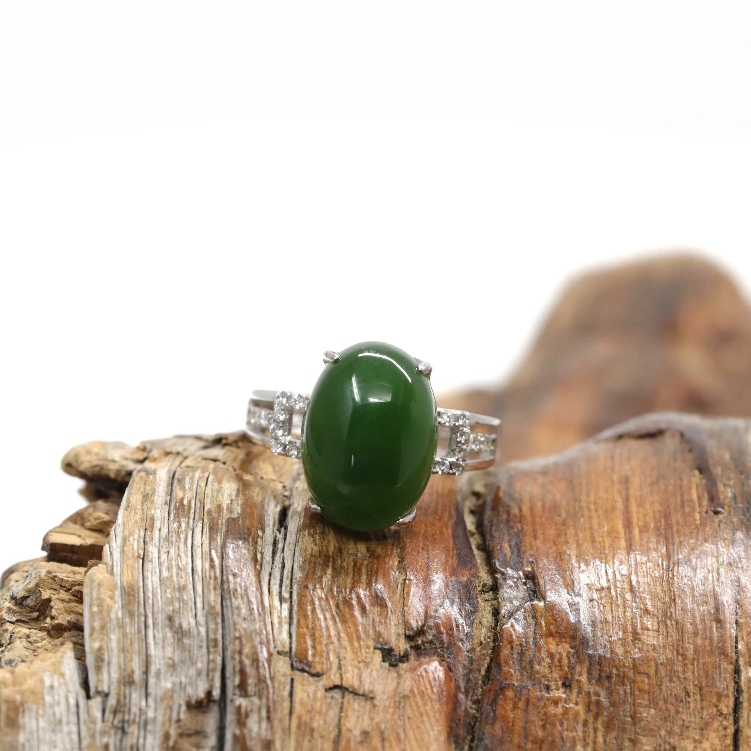 RealJade® "Classic Oval With Accents" Sterling Silver Real Green Nephrite Jade Classic Ring For Her