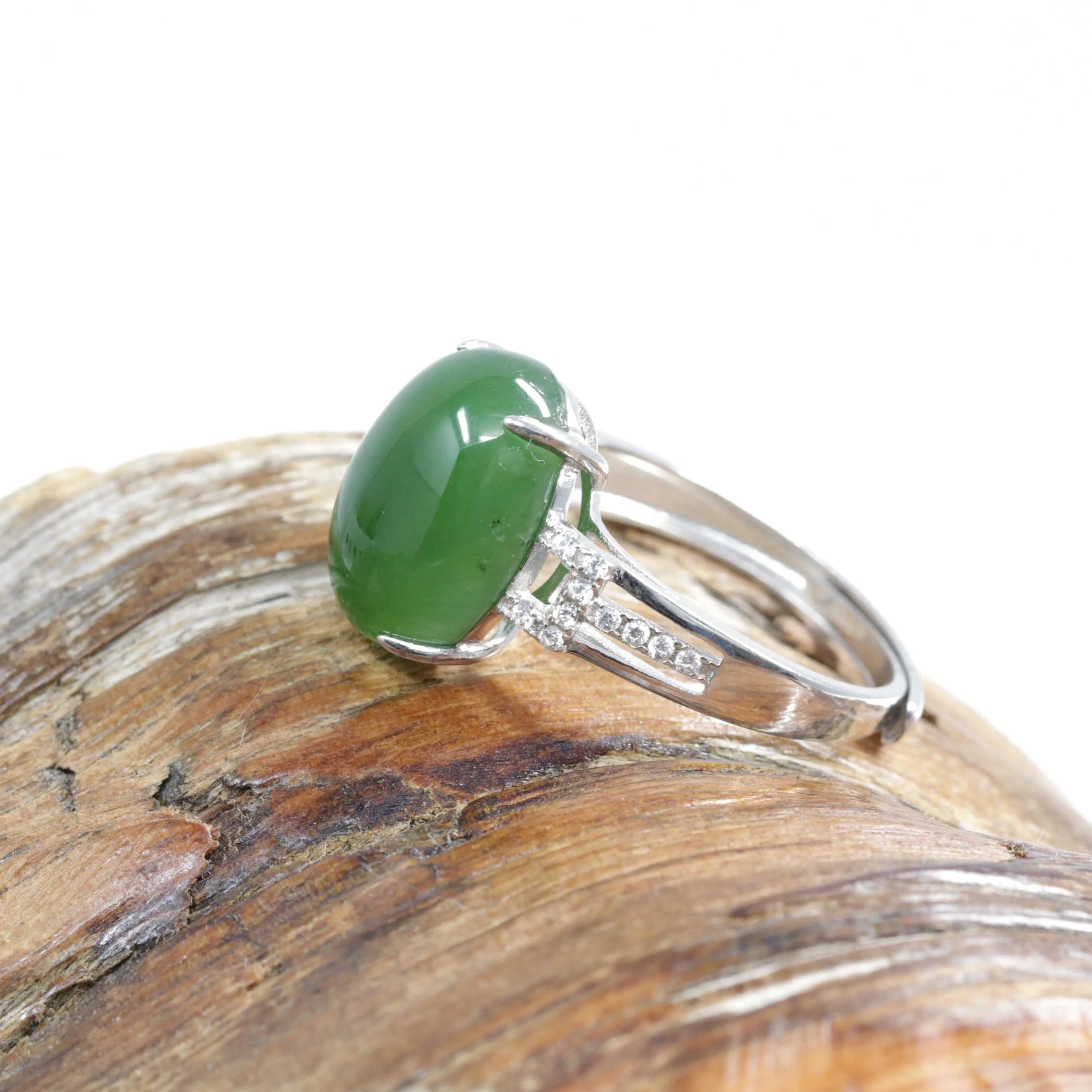 RealJade® "Classic Oval With Accents" Sterling Silver Real Green Nephrite Jade Classic Ring For Her