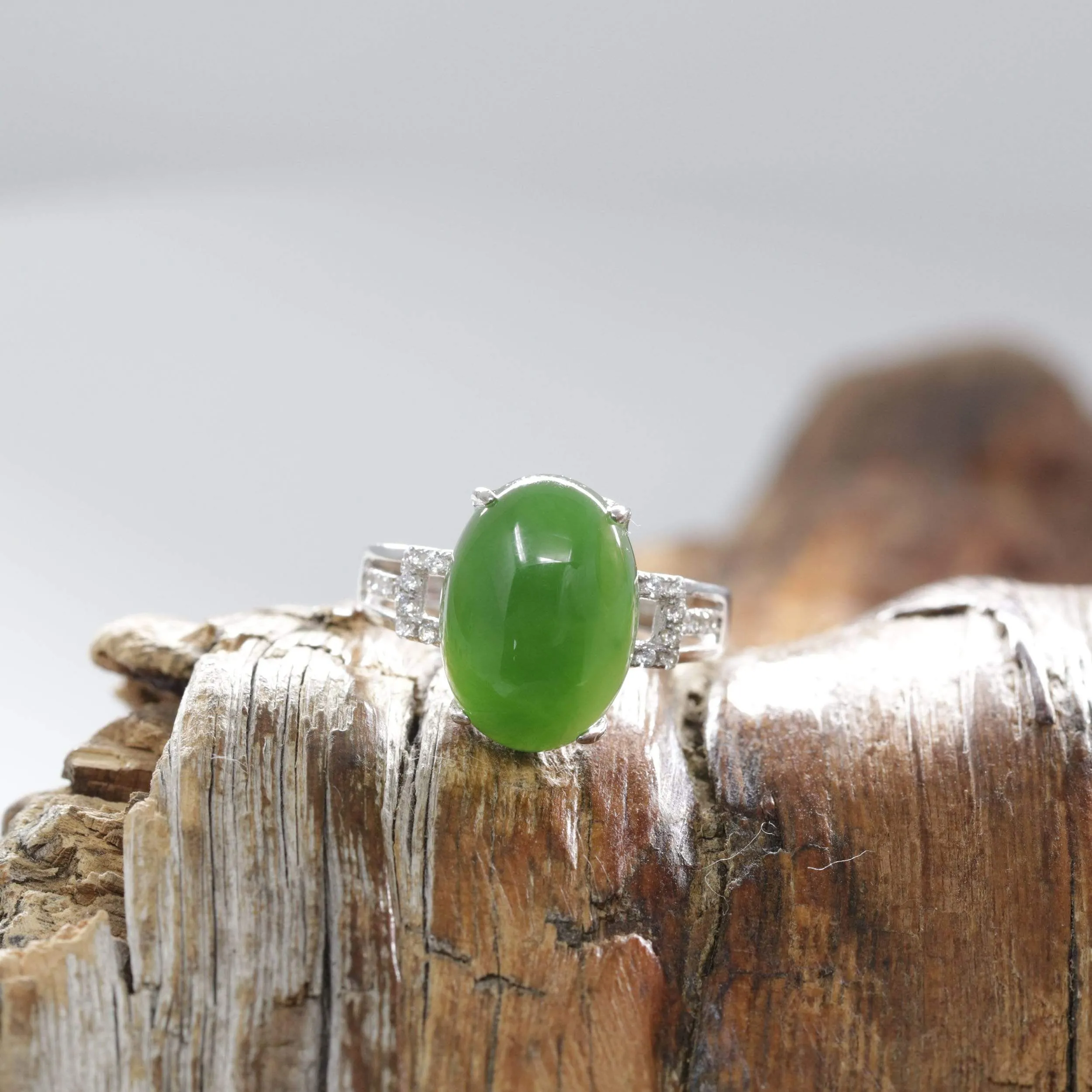 RealJade® "Classic Oval With Accents" Sterling Silver Real Green Nephrite Jade Classic Ring For Her