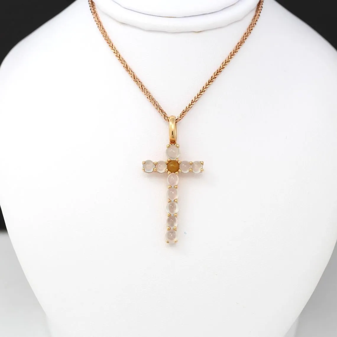 RealJade® "Cross" 18k Rose Gold White Translucent Burmese Ice & Yellow Jadeite Jade Cross Pendant Necklace