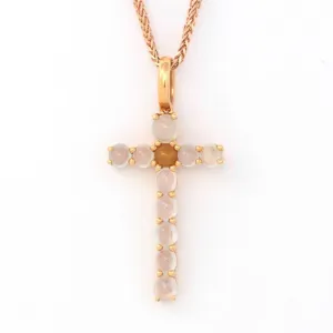 RealJade® "Cross" 18k Rose Gold White Translucent Burmese Ice & Yellow Jadeite Jade Cross Pendant Necklace