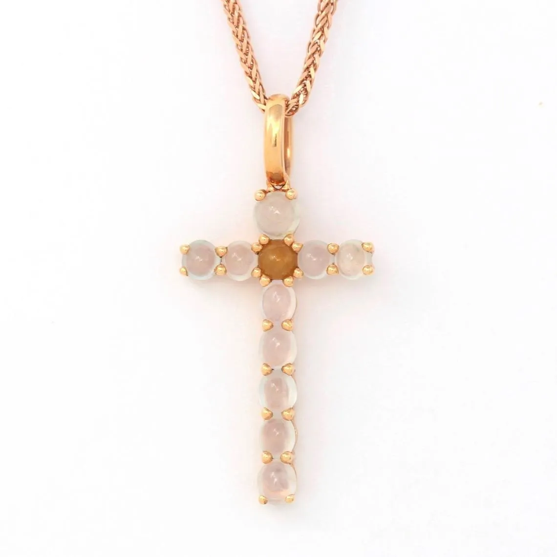 RealJade® "Cross" 18k Rose Gold White Translucent Burmese Ice & Yellow Jadeite Jade Cross Pendant Necklace