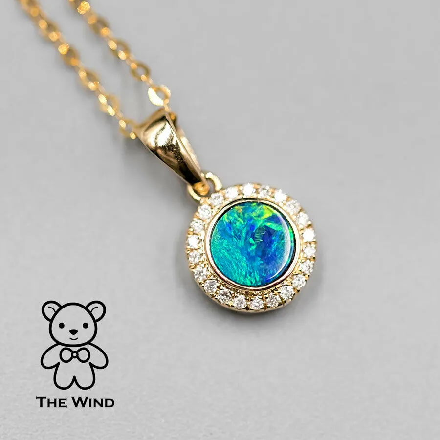 Round Shaped Australian Doublet Opal Halo Diamond Pendant Necklace 14k Yellow Gold