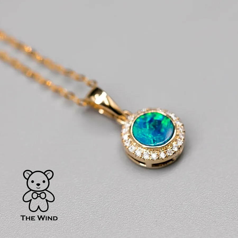 Round Shaped Australian Doublet Opal Halo Diamond Pendant Necklace 14k Yellow Gold