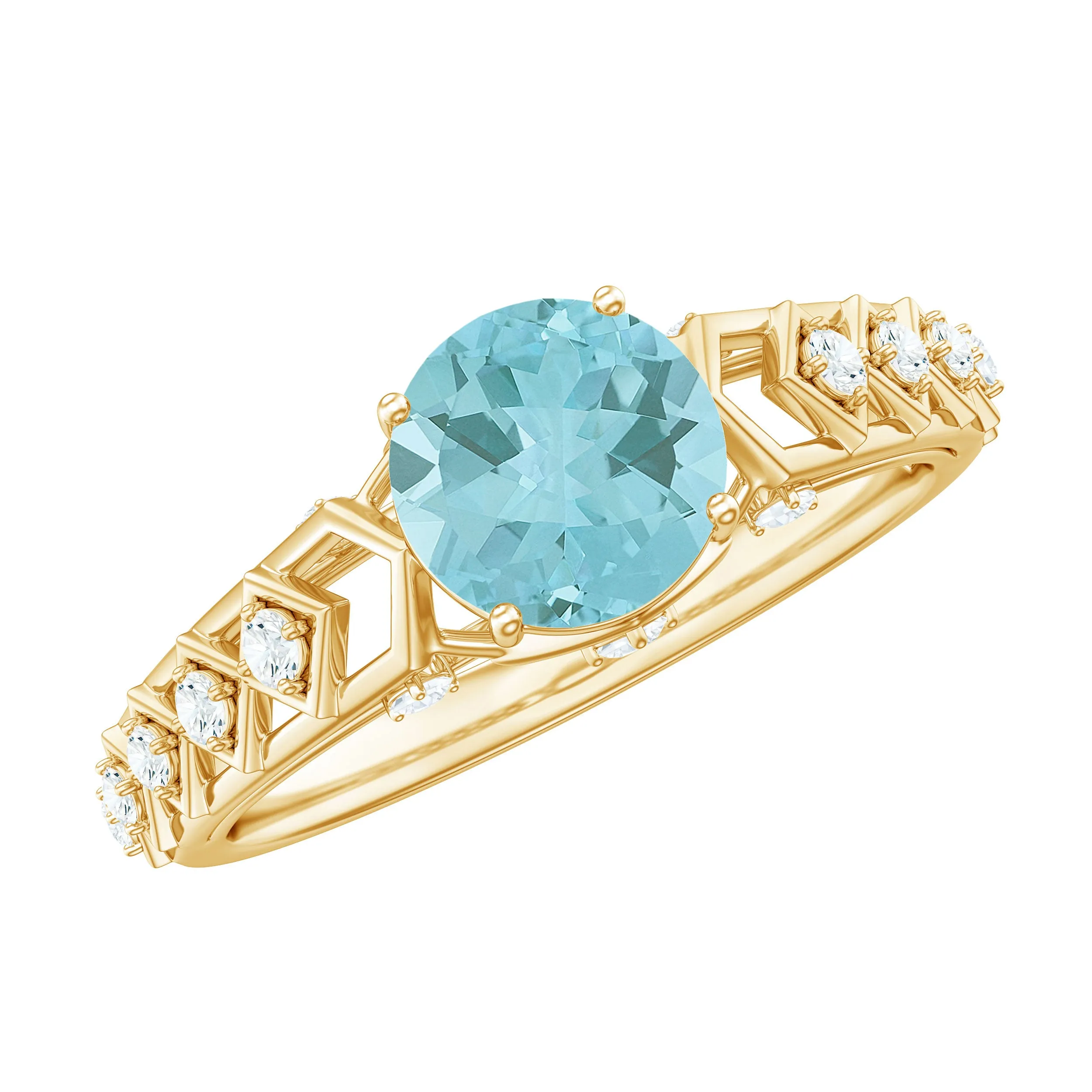 Round Sky Blue Topaz Solitaire Art Deco Ring with Diamond