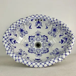 Sherle Wagner Porcelain Sink, Oval, Blue, White, Drop-in