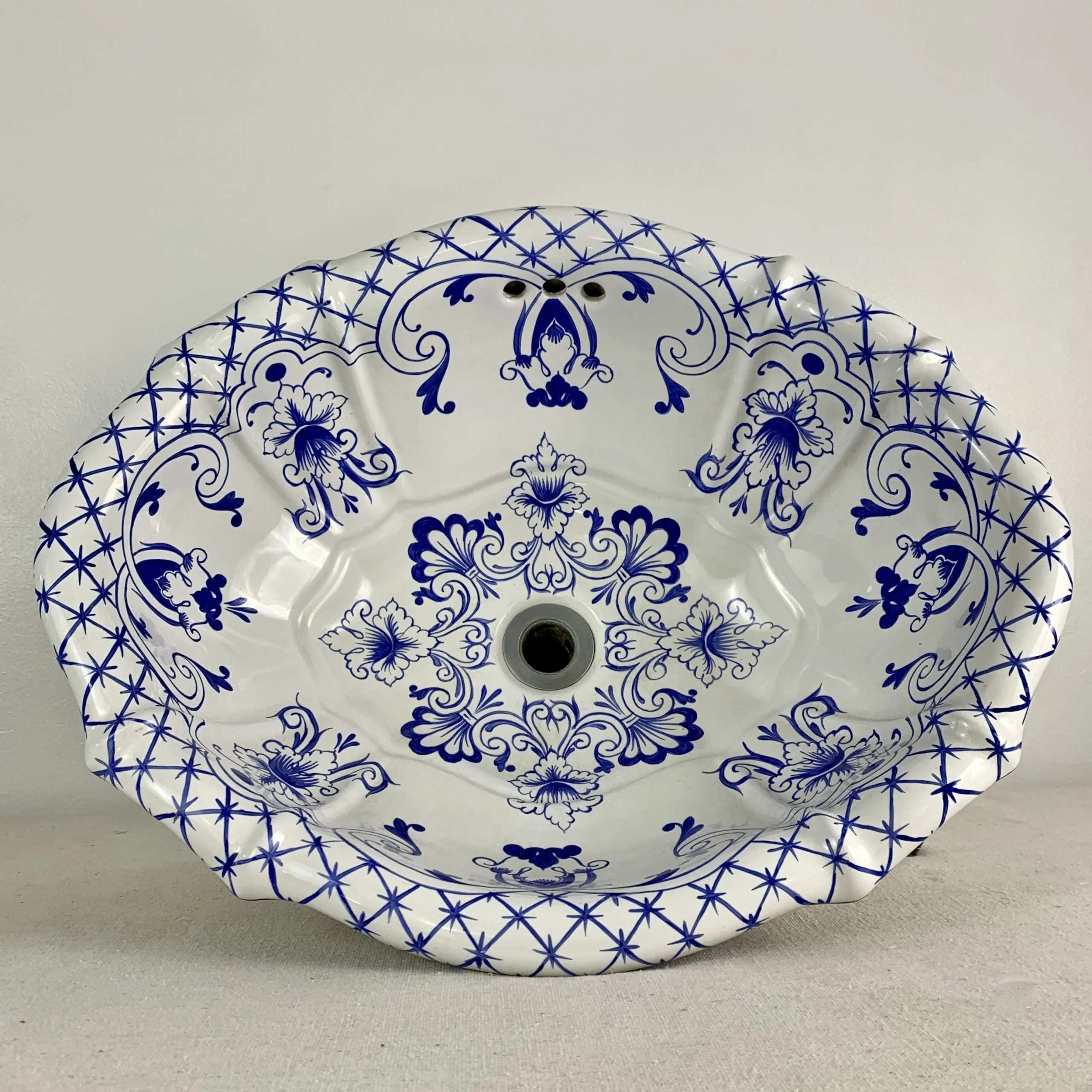 Sherle Wagner Porcelain Sink, Oval, Blue, White, Drop-in