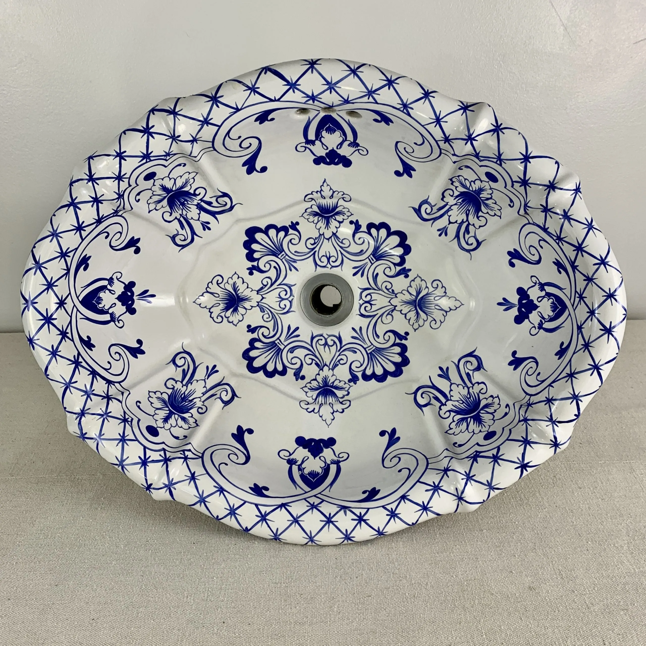 Sherle Wagner Porcelain Sink, Oval, Blue, White, Drop-in