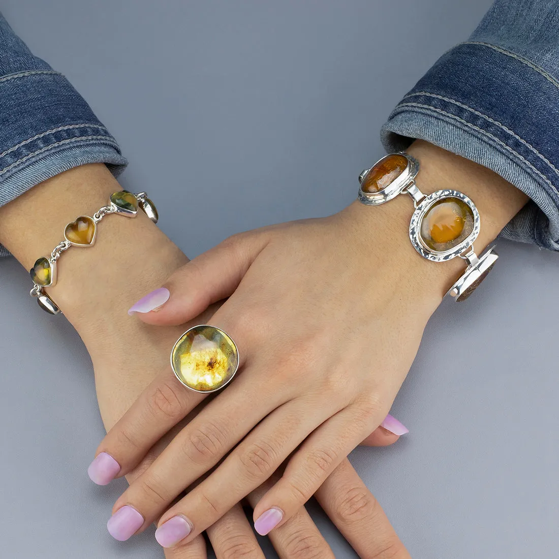 Silver and Amber Heart Link Bracelet