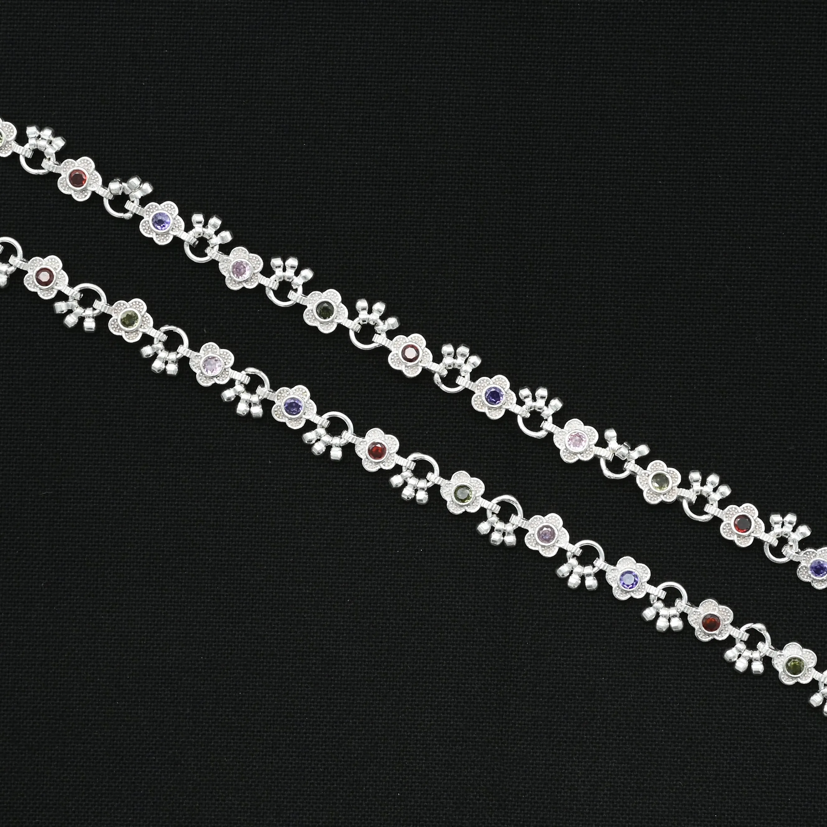 Silver Beads With Colourful Flower Anklet
