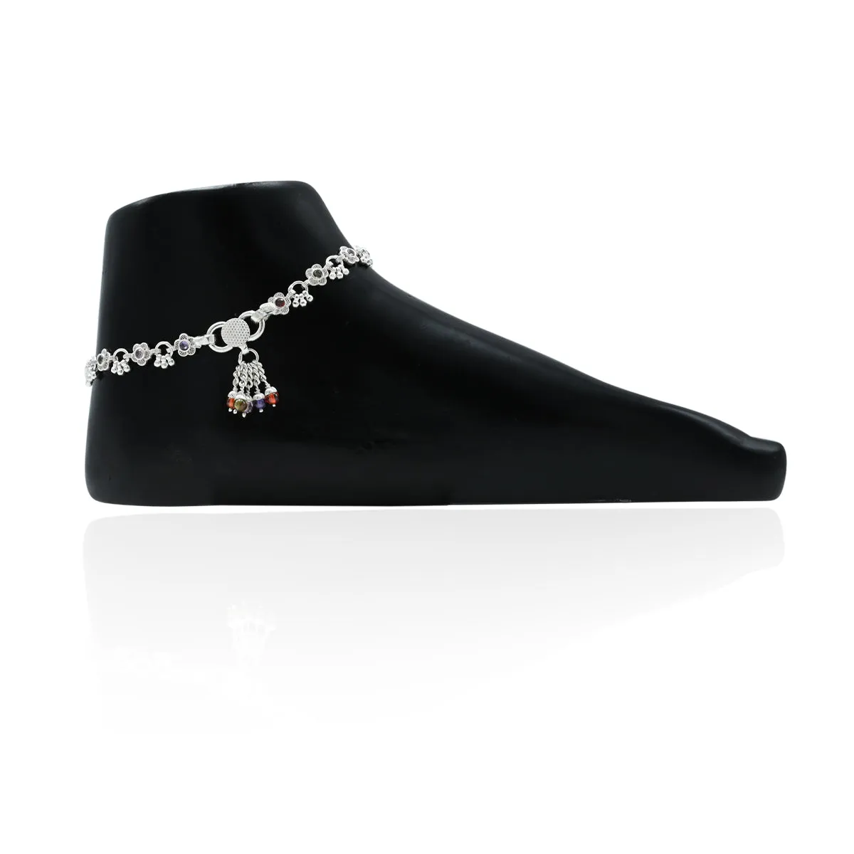 Silver Beads With Colourful Flower Anklet