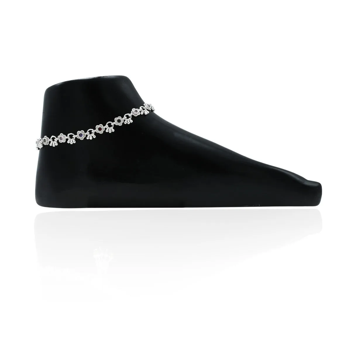 Silver Beads With Colourful Flower Anklet