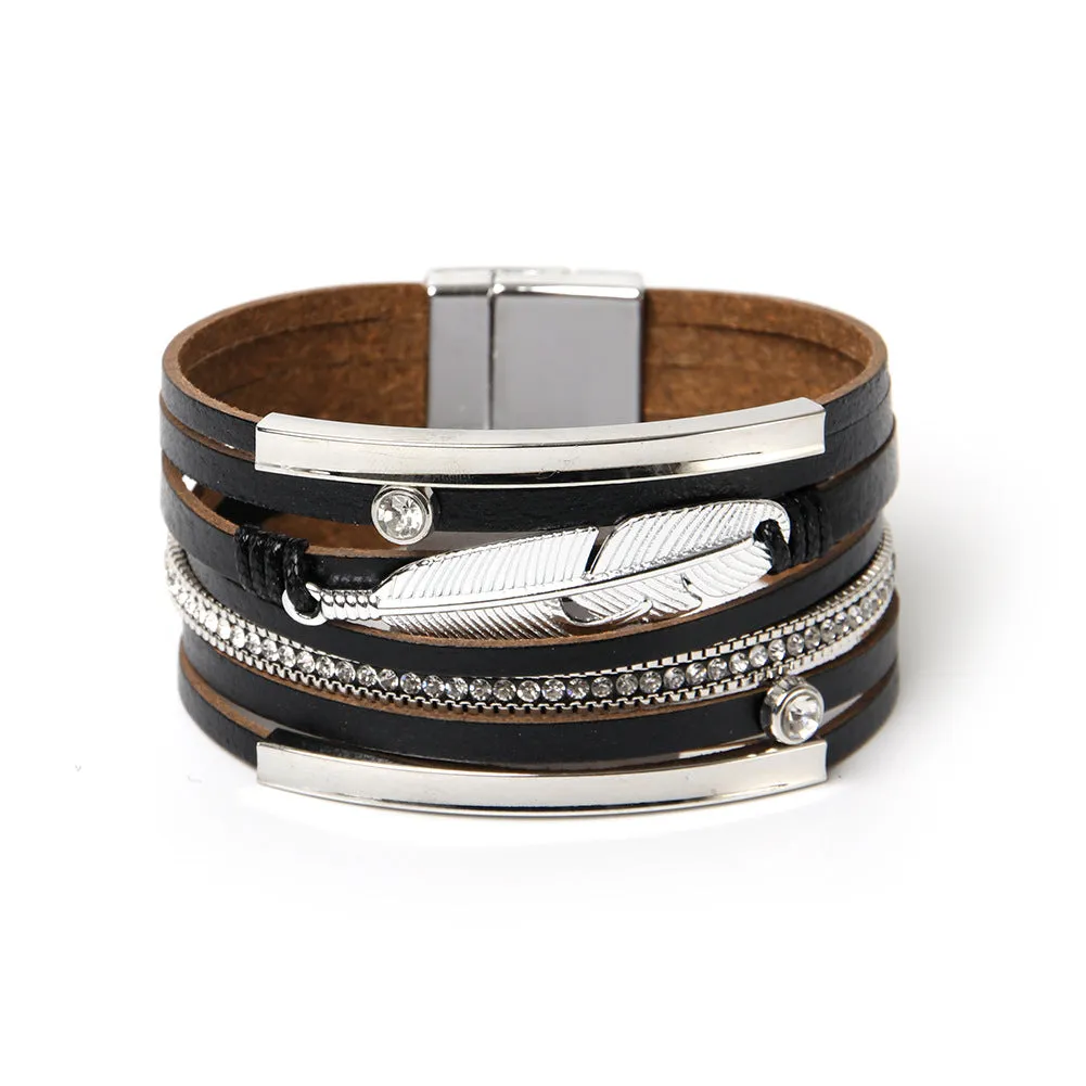 Sisslia Bohemian Multilayer Buckle Leather Bracelet Handmade Woven Magnetic Crystal Wide Band Feather Leather Bracelet