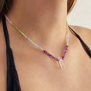 Solid 9 carat Yellow Gold Clear Quartz, Amethyst, Aquamarine, Peridot, Moonstone, Sunstone, Garnet, Chakra Necklace
