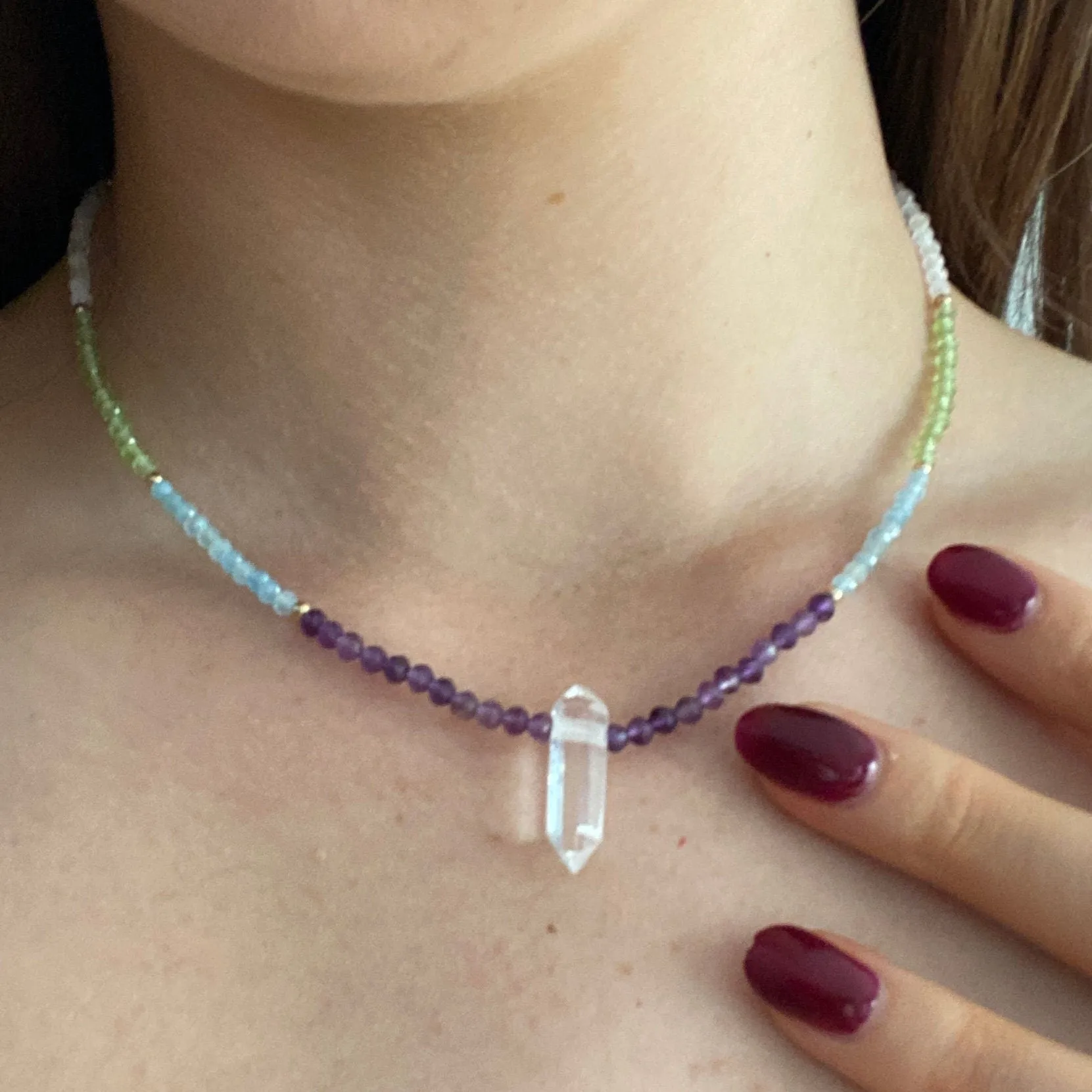 Solid 9 carat Yellow Gold Clear Quartz, Amethyst, Aquamarine, Peridot, Moonstone, Sunstone, Garnet, Chakra Necklace