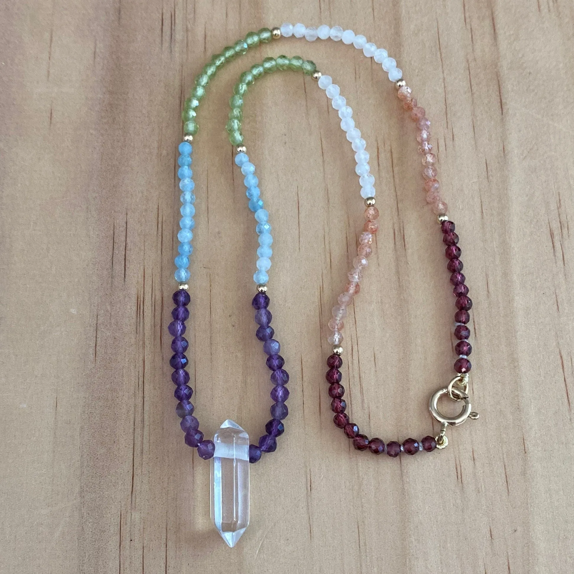 Solid 9 carat Yellow Gold Clear Quartz, Amethyst, Aquamarine, Peridot, Moonstone, Sunstone, Garnet, Chakra Necklace
