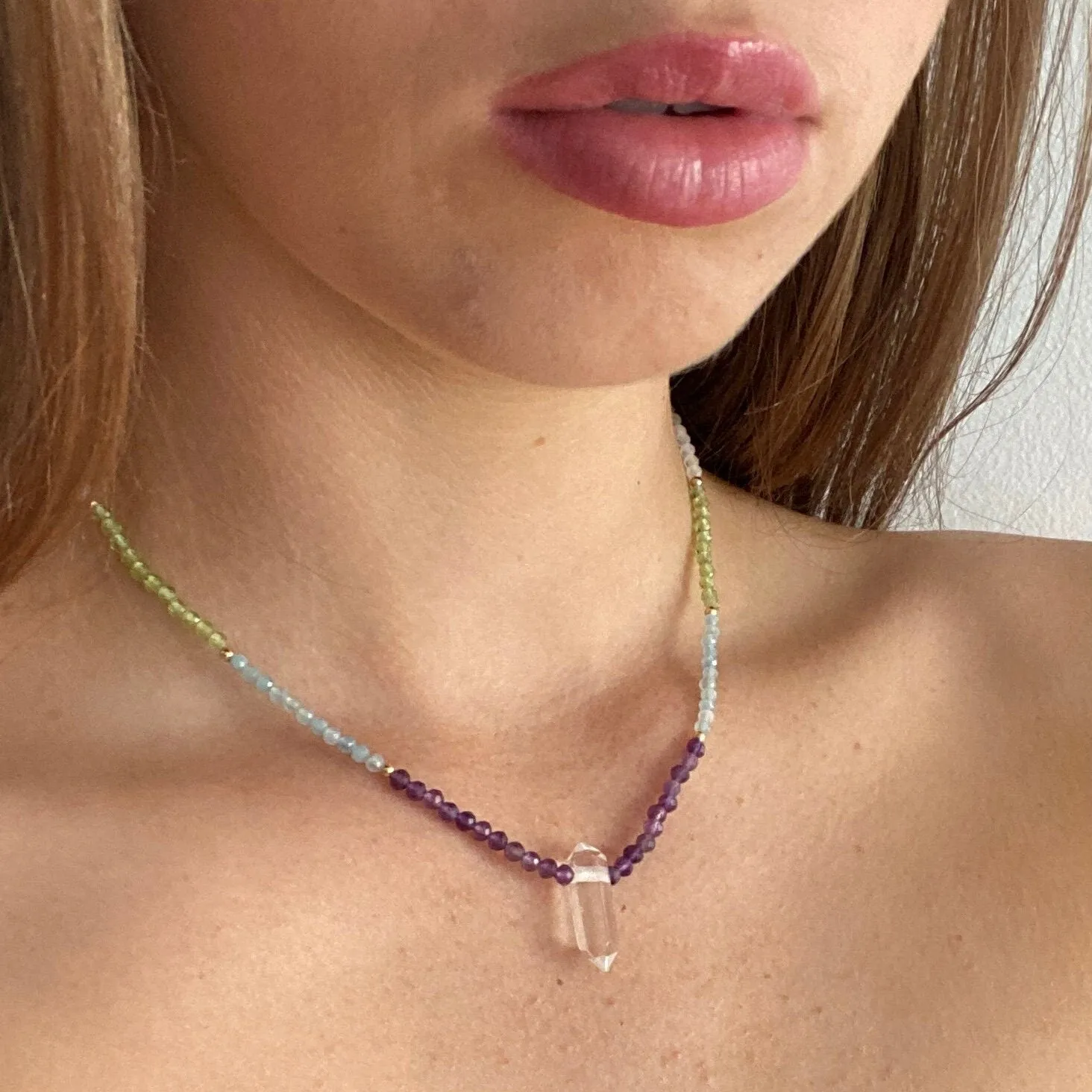 Solid 9 carat Yellow Gold Clear Quartz, Amethyst, Aquamarine, Peridot, Moonstone, Sunstone, Garnet, Chakra Necklace