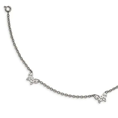 Stainless Steel Polished Butterfly Charms 9in With 1in Extension Anklet
