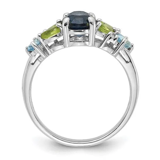 Sterling Silver London Blue, Swiss Blue, White Topaz and Peridot Ring