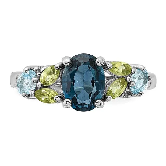 Sterling Silver London Blue, Swiss Blue, White Topaz and Peridot Ring