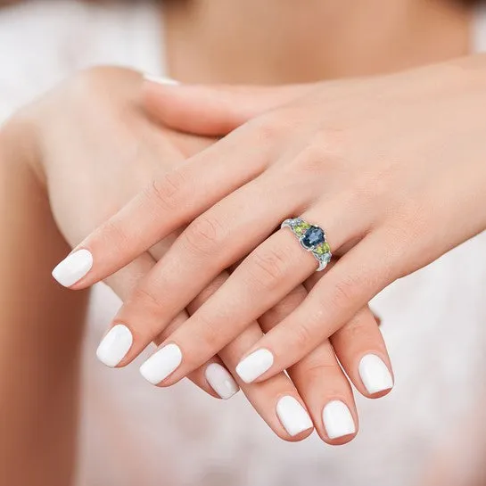 Sterling Silver London Blue, Swiss Blue, White Topaz and Peridot Ring