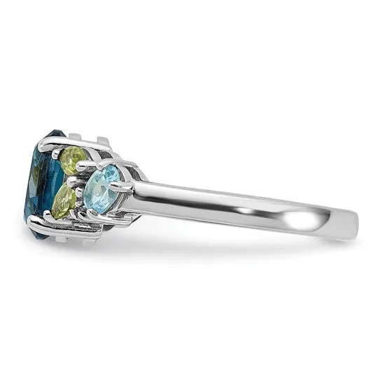 Sterling Silver London Blue, Swiss Blue, White Topaz and Peridot Ring
