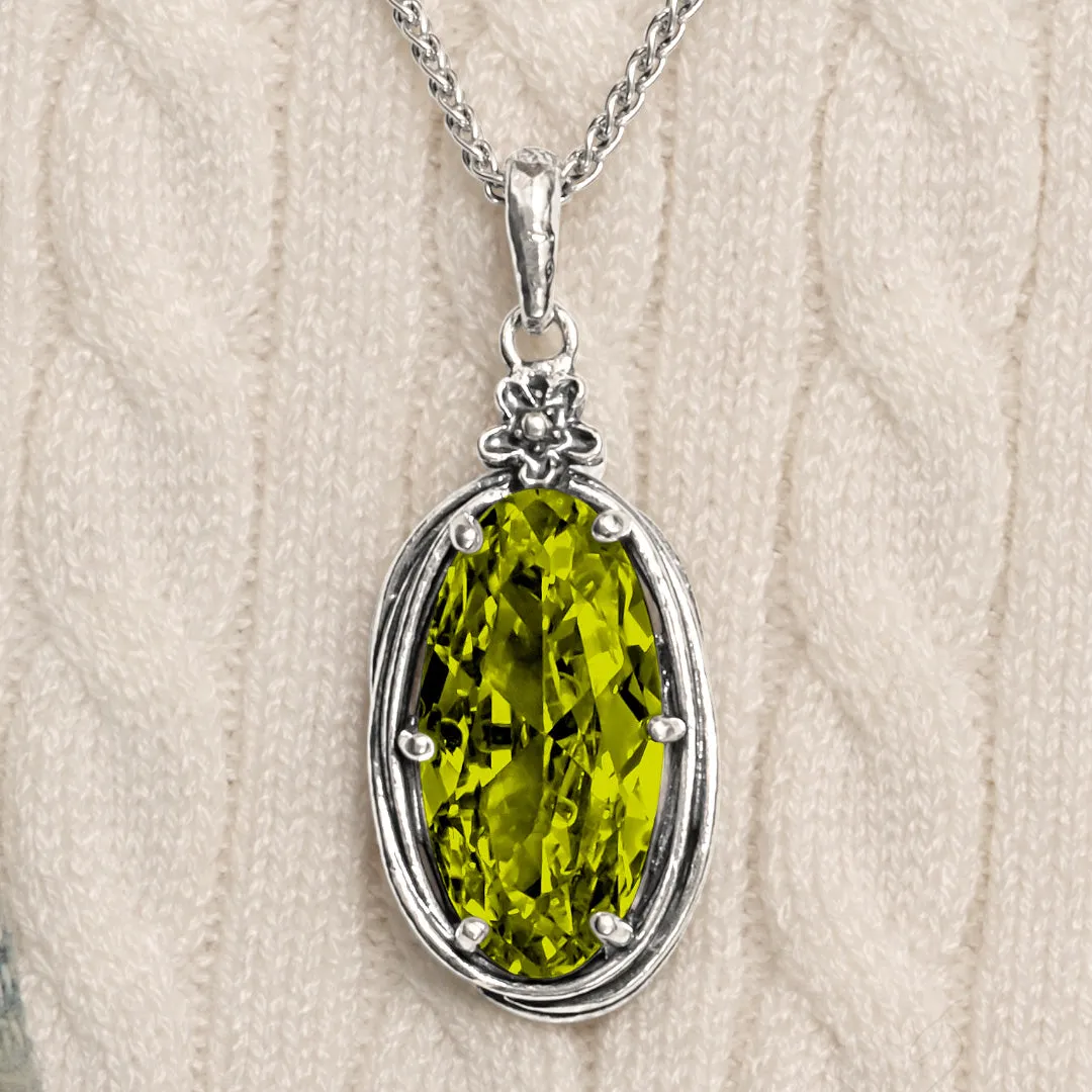 Sterling Silver Peridot CZ Floral Wire Wrap Necklace