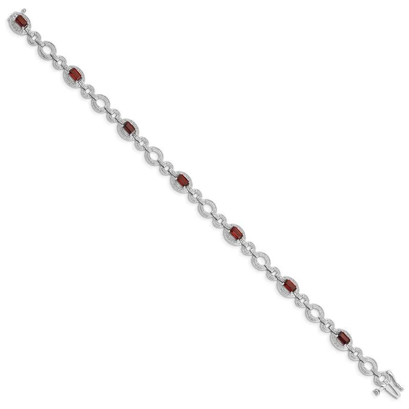 Sterling Silver Rhodium-plated Diamond & Garnet Oval Link Bracelet QX819GA