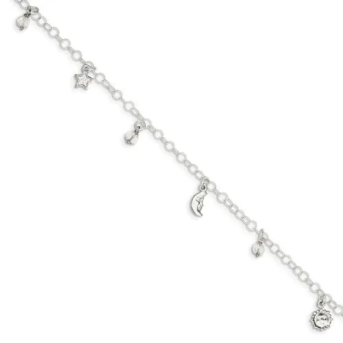 Sterling Silver Sun, Moon & Stars 9" Anklet With 1in Extender