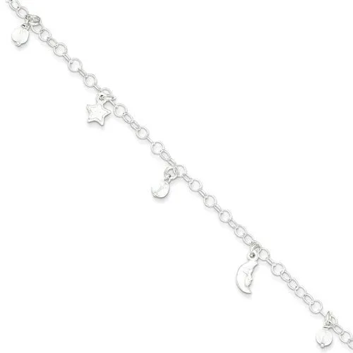 Sterling Silver Sun, Moon & Stars 9" Anklet With 1in Extender