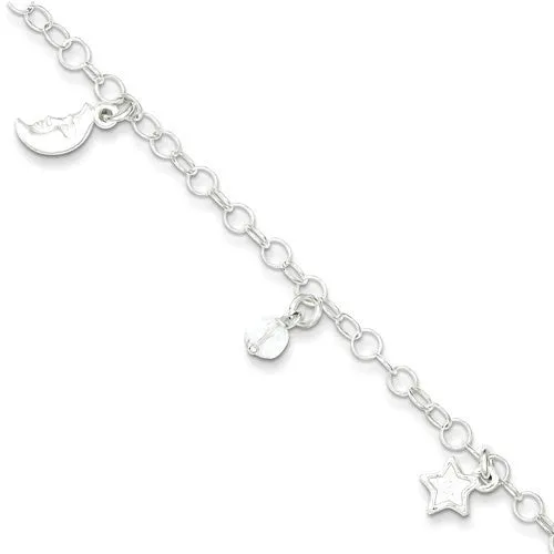 Sterling Silver Sun, Moon & Stars 9" Anklet With 1in Extender