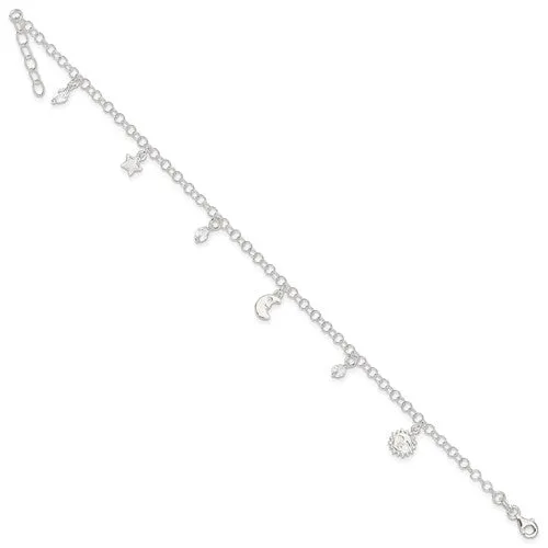 Sterling Silver Sun, Moon & Stars 9" Anklet With 1in Extender