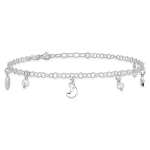 Sterling Silver Sun, Moon & Stars 9" Anklet With 1in Extender