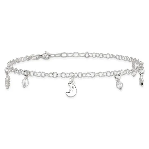 Sterling Silver Sun, Moon & Stars 9" Anklet With 1in Extender