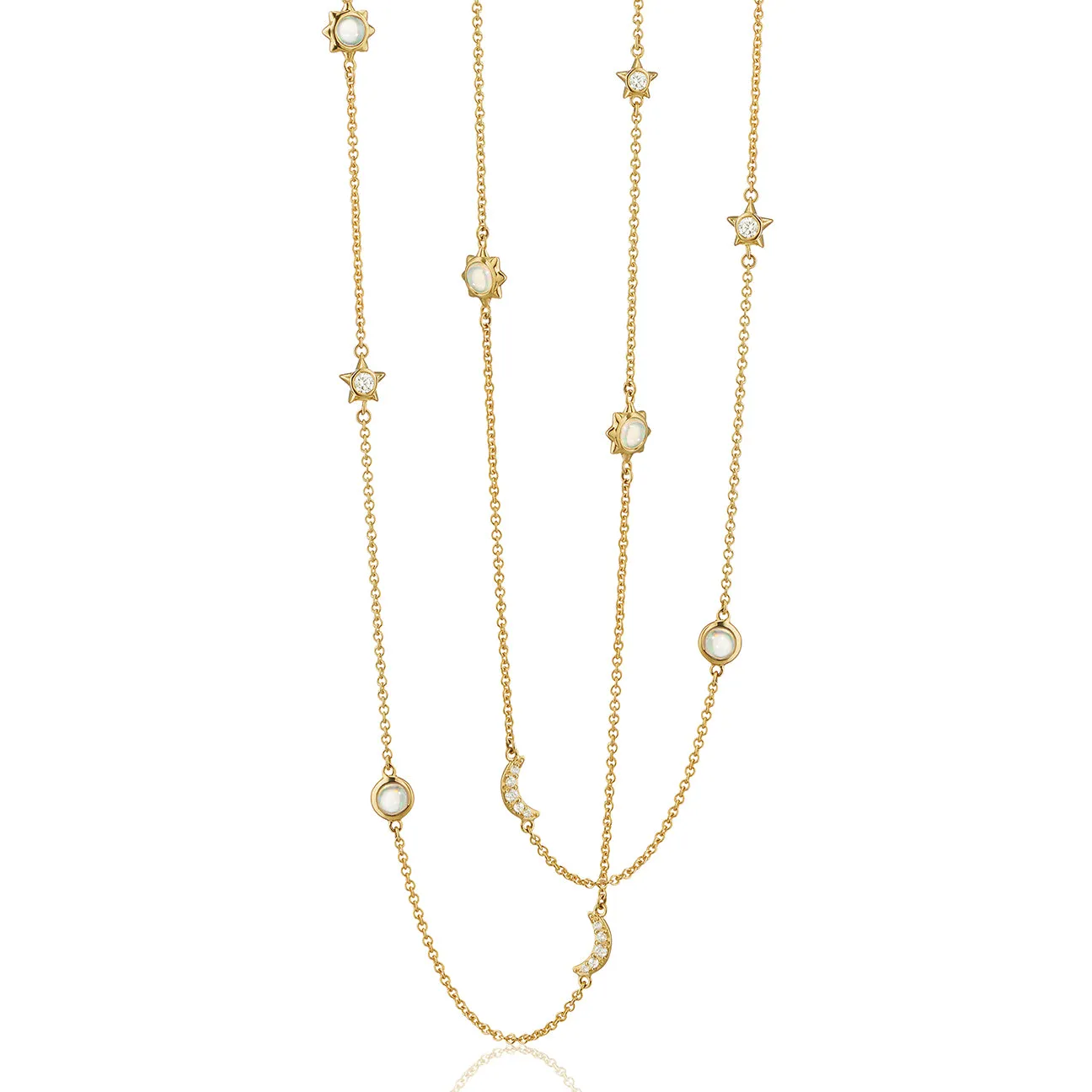 Sun, Moon and Stars 47" Diamond and Opal Gold Chain Necklace