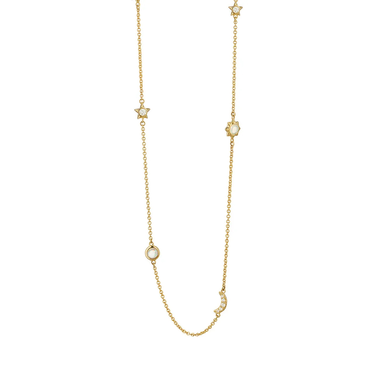 Sun, Moon and Stars 47" Diamond and Opal Gold Chain Necklace