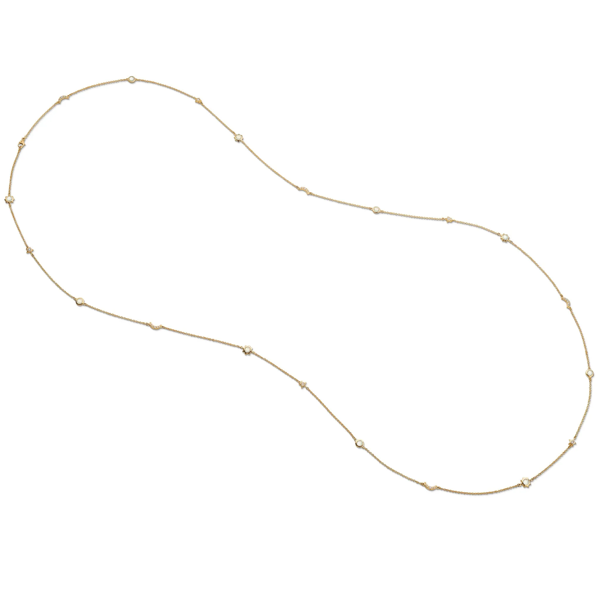 Sun, Moon and Stars 47" Diamond and Opal Gold Chain Necklace