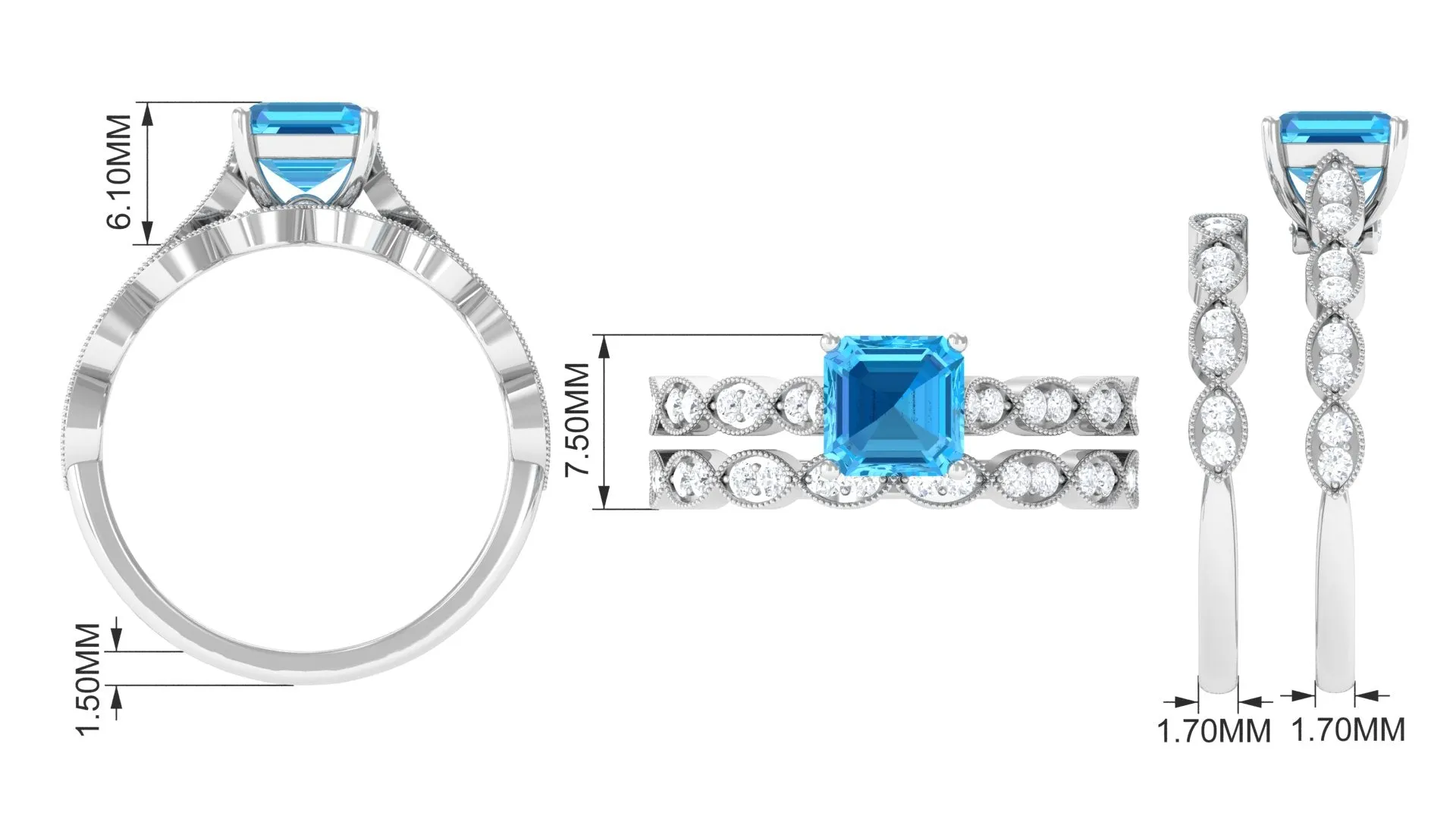 Swiss Blue Topaz Wedding Ring Set with Moissanite