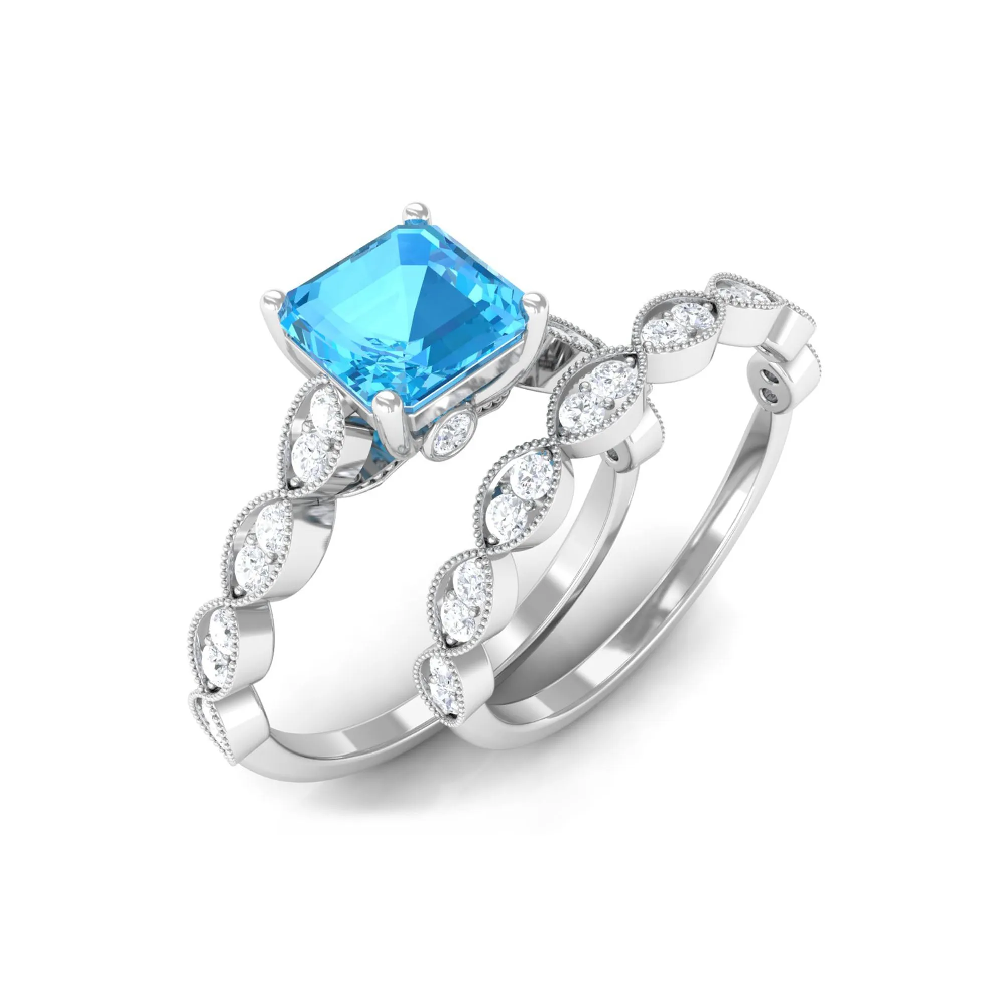 Swiss Blue Topaz Wedding Ring Set with Moissanite