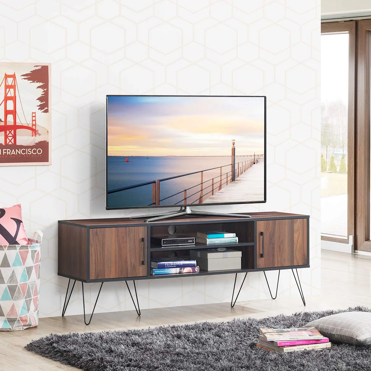 Tangkula Retro TV Stand for 60'' TV, Modern Entertainment Center for Flat Screen TV Cable Box Gaming Consoles(Walnut)