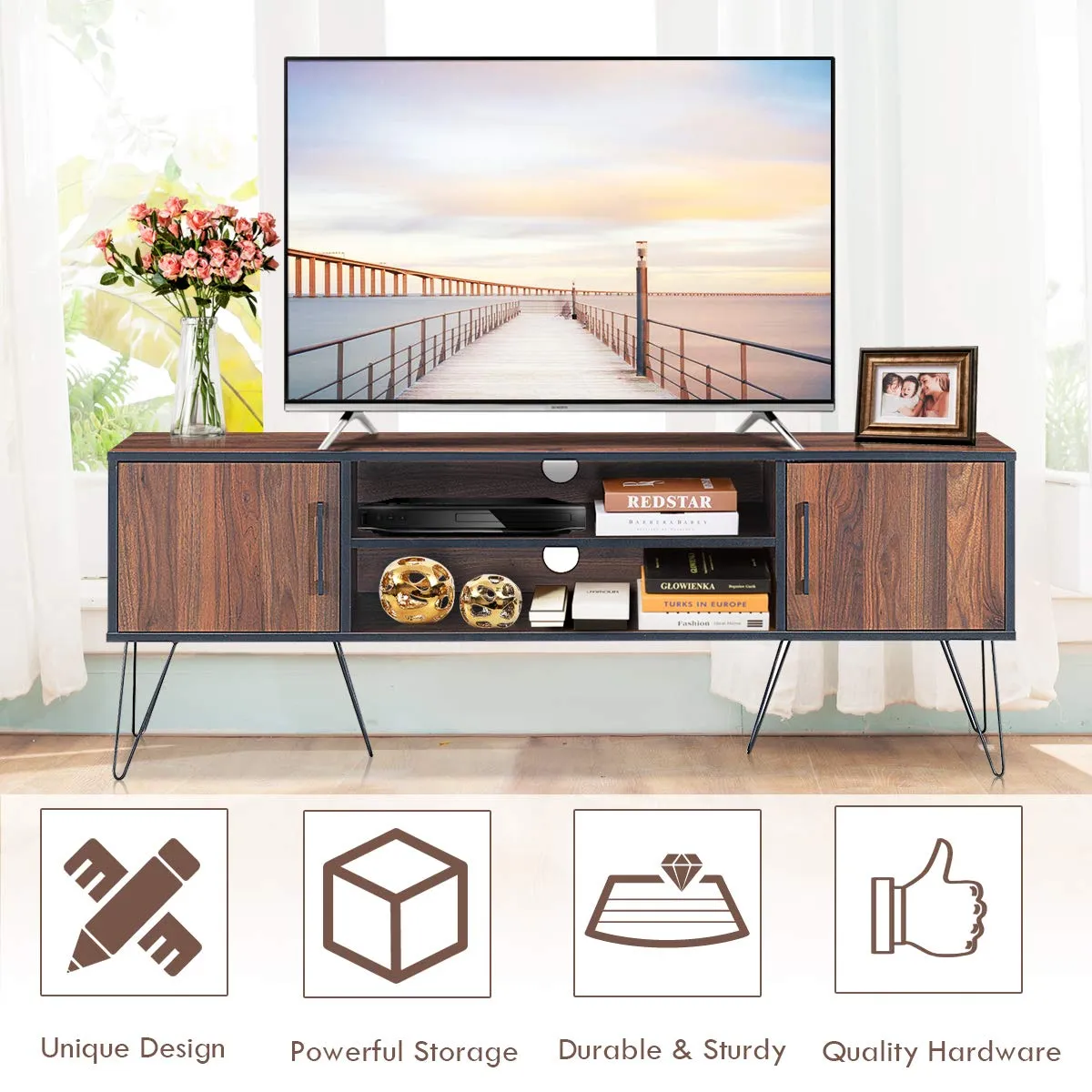 Tangkula Retro TV Stand for 60'' TV, Modern Entertainment Center for Flat Screen TV Cable Box Gaming Consoles(Walnut)