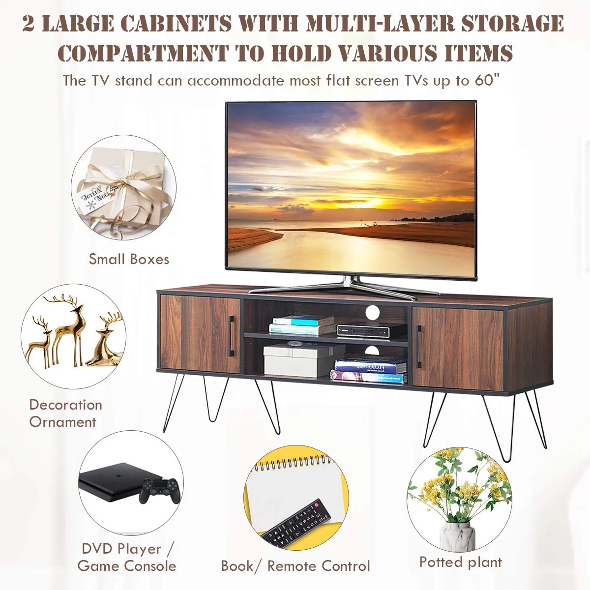 Tangkula Retro TV Stand for 60'' TV, Modern Entertainment Center for Flat Screen TV Cable Box Gaming Consoles(Walnut)