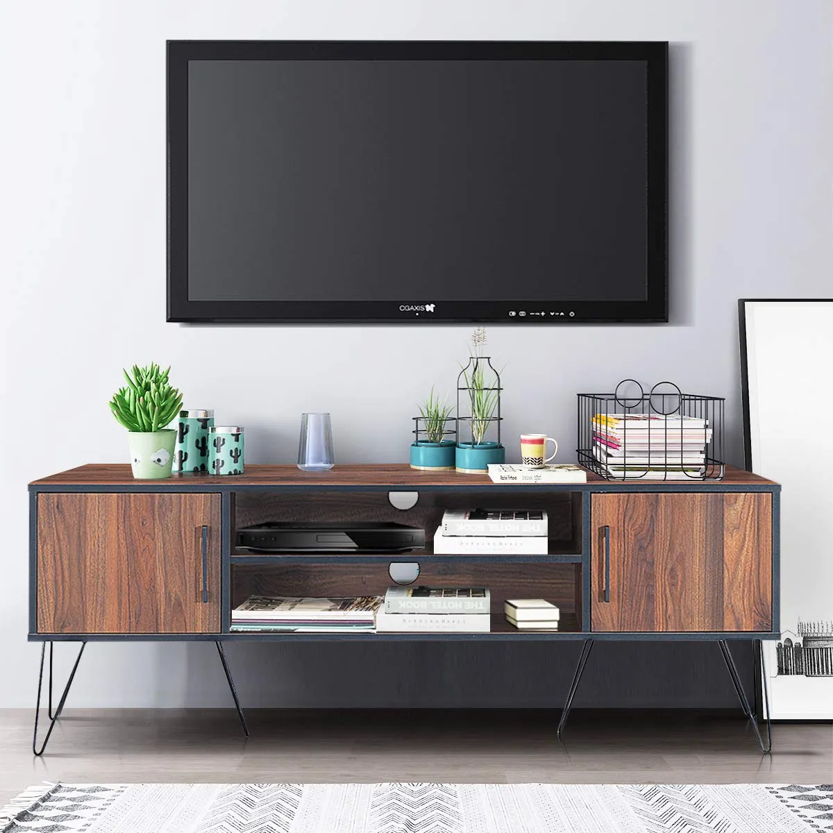Tangkula Retro TV Stand for 60'' TV, Modern Entertainment Center for Flat Screen TV Cable Box Gaming Consoles(Walnut)