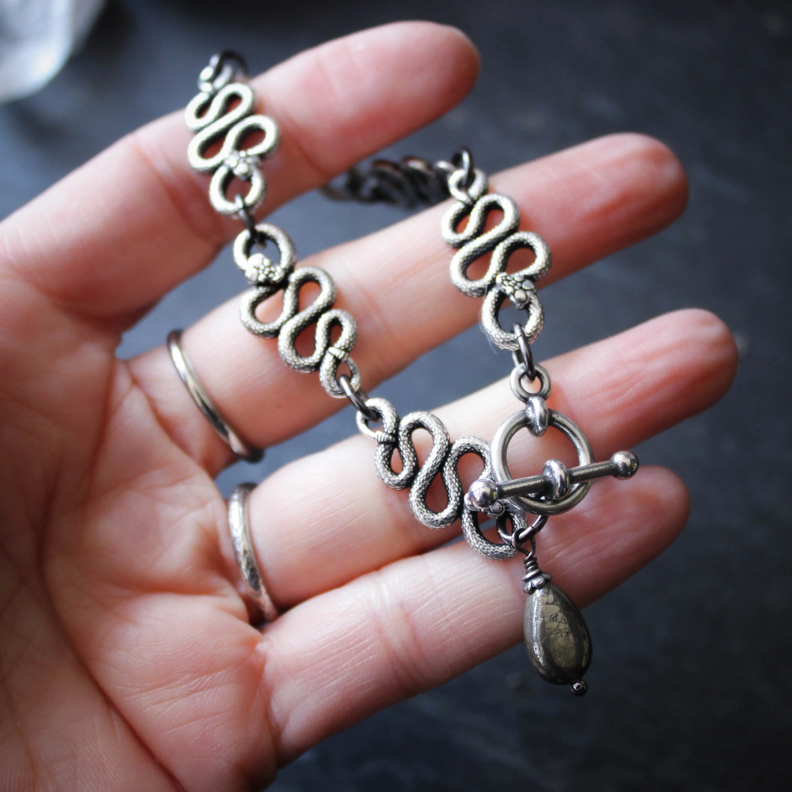 Tangle of Rattlesnakes Bracelet in Silver Plate with Pyrite.