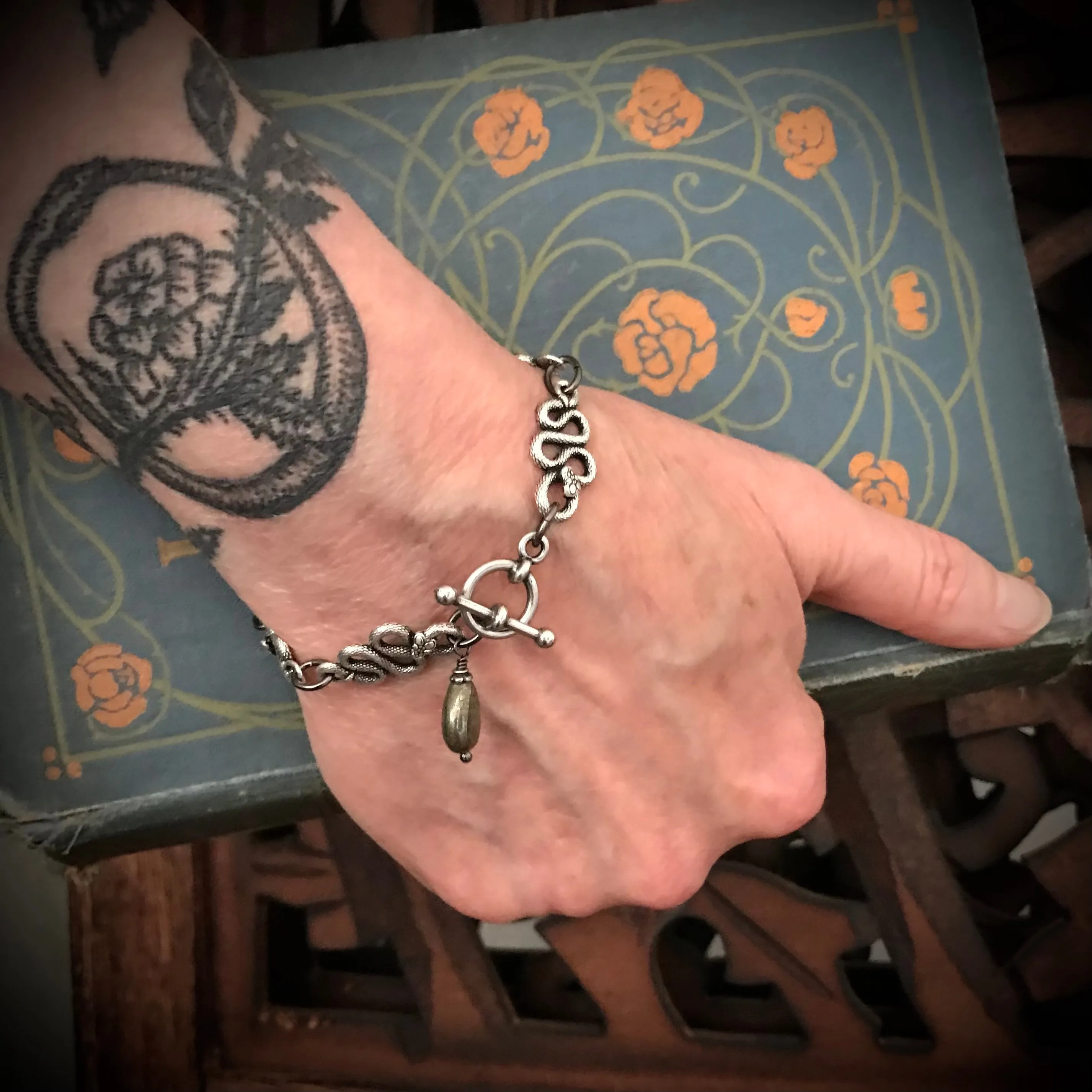 Tangle of Rattlesnakes Bracelet in Silver Plate with Pyrite.