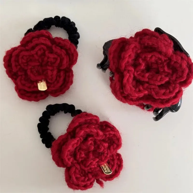 TAVIMART  -  Wool gold label red flower grab clip New Year's holiday festive small half clip hairpin shark clip hair accessories new